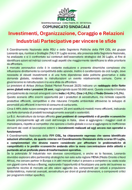 Featured image for “Investimenti, Organizzazione, Coraggio e Relazioni Industriali Partecipative per vincere le sfide, Il Coordinamento Nazionale delle RSU gruppo Leonardo spa.”